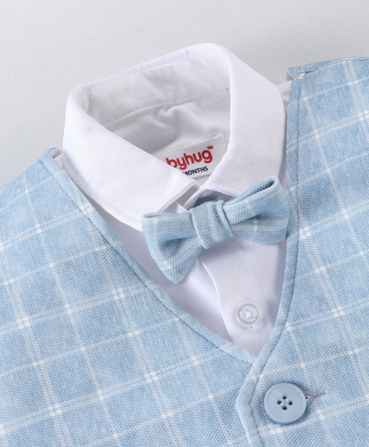 Full Sleeves Three Piece Party Suit Checkered with Bow & Hat - White & Blue