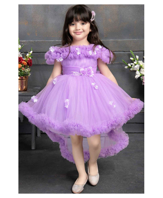 Purple Ruffled Net Tailback Frock With Floral And Butterfly Embellishment For Girls