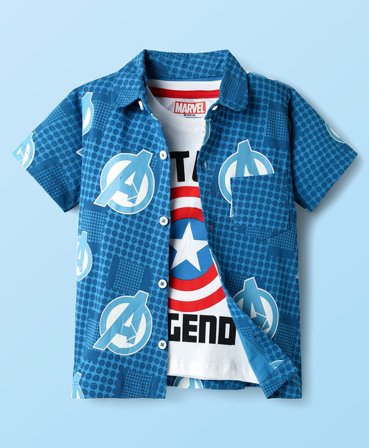 Single Jersey Knit Half Sleeves Shirt & Shorts Co-Ord Set With Avengers Graphics & T-Shirt - Blue
