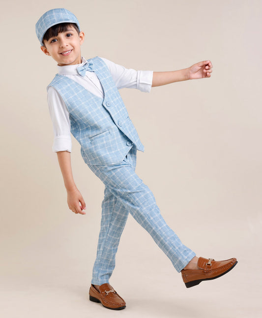 Full Sleeves Three Piece Party Suit Checkered with Bow & Hat - White & Blue
