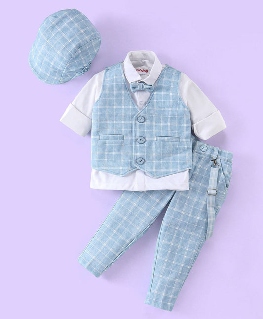 Full Sleeves Three Piece Party Suit Checkered with Bow & Hat - White & Blue