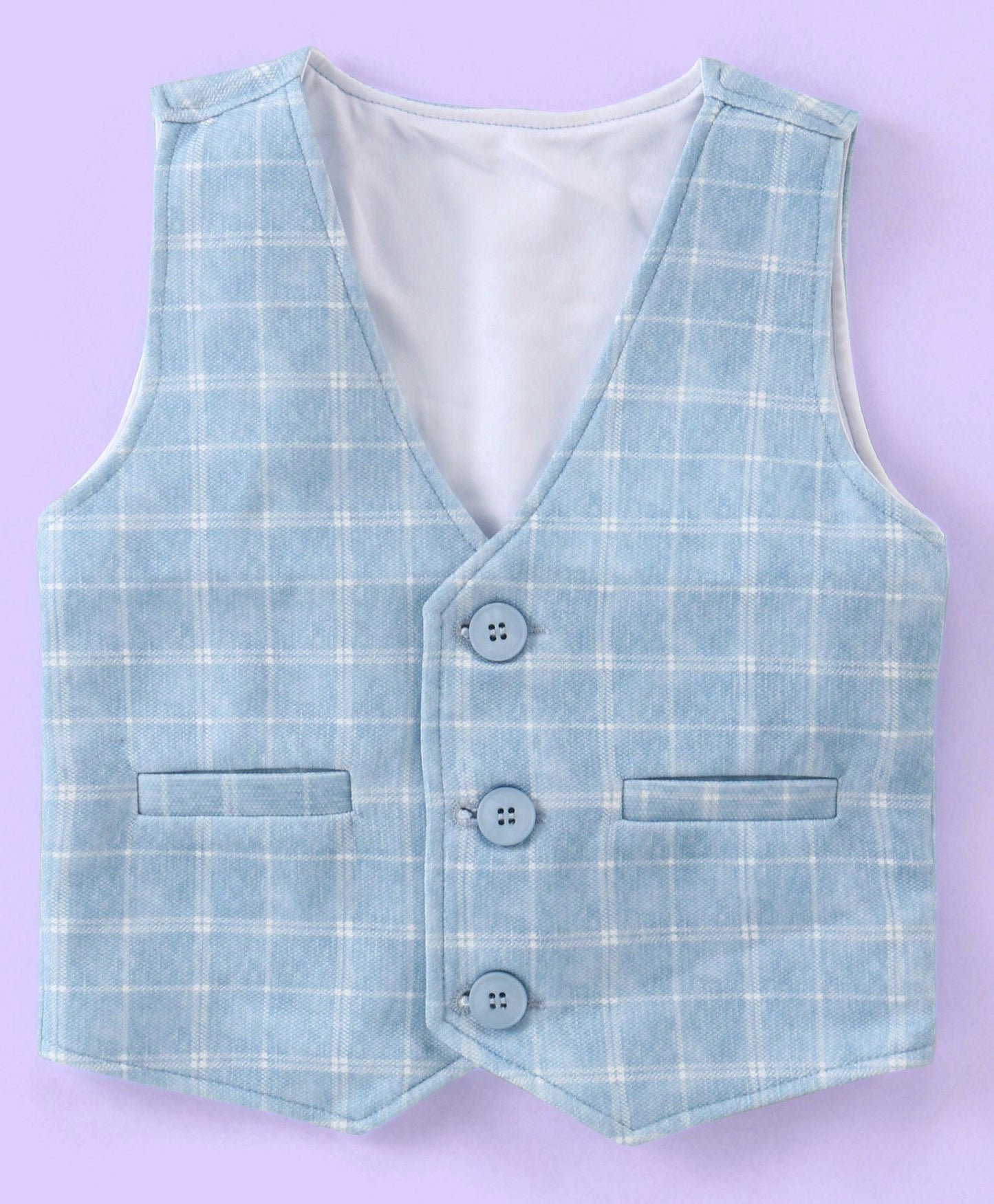 Full Sleeves Three Piece Party Suit Checkered with Bow & Hat - White & Blue