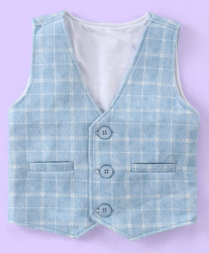 Full Sleeves Three Piece Party Suit Checkered with Bow & Hat - White & Blue