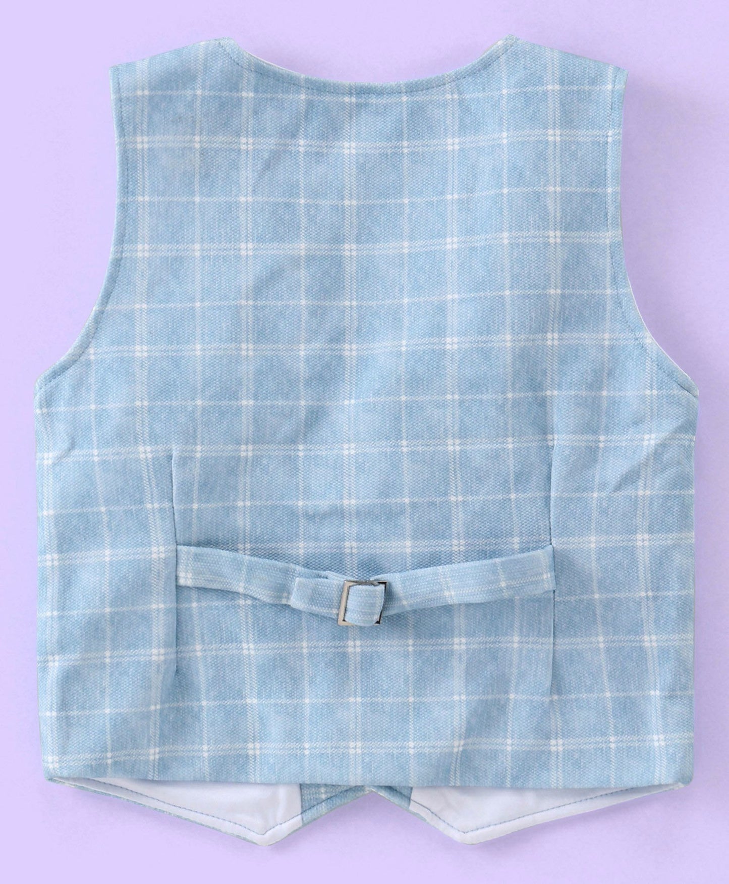 Full Sleeves Three Piece Party Suit Checkered with Bow & Hat - White & Blue