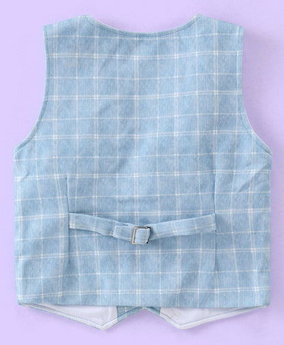 Full Sleeves Three Piece Party Suit Checkered with Bow & Hat - White & Blue