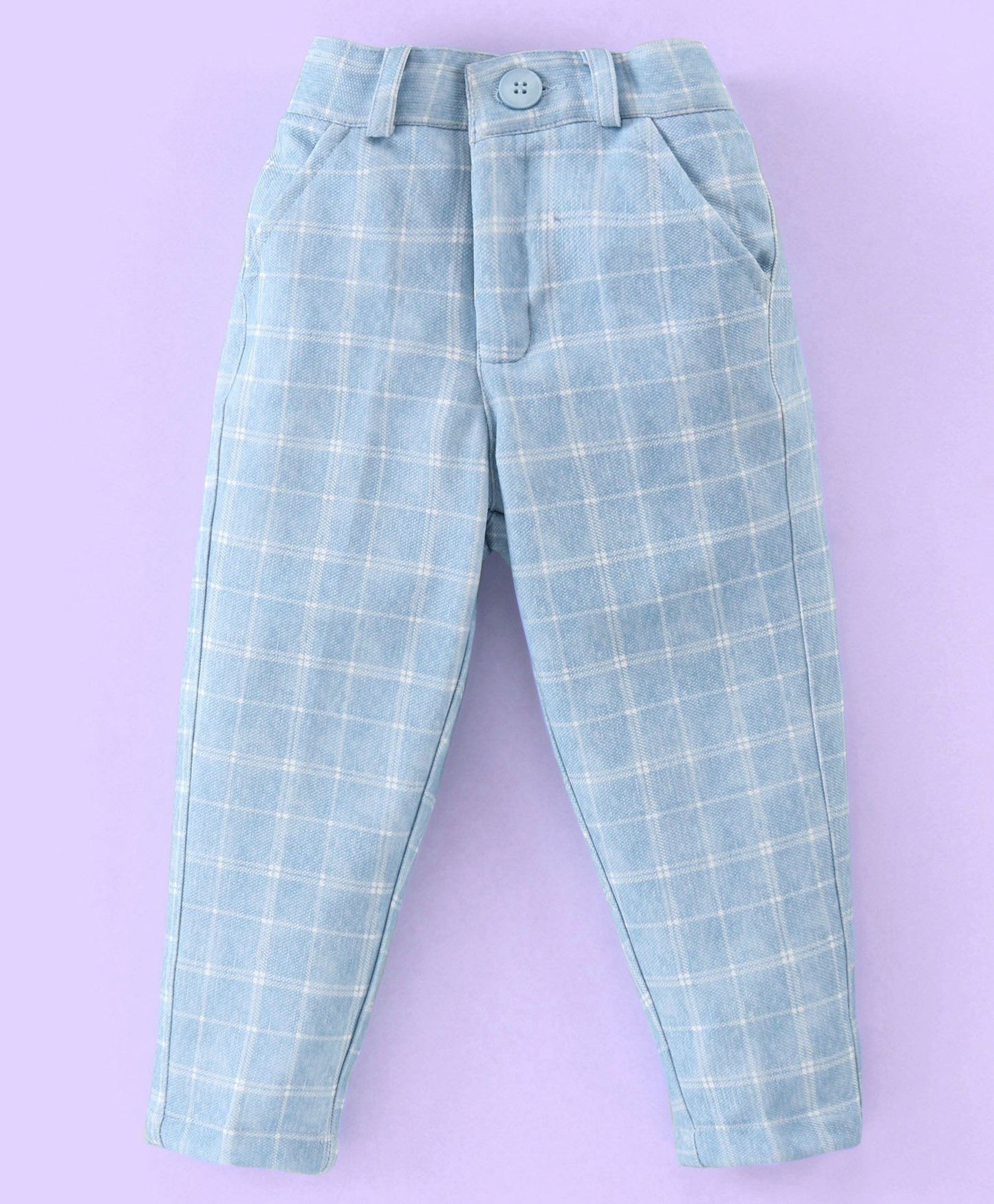 Full Sleeves Three Piece Party Suit Checkered with Bow & Hat - White & Blue
