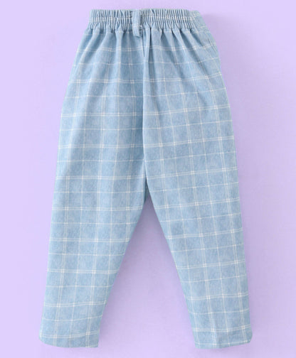 Full Sleeves Three Piece Party Suit Checkered with Bow & Hat - White & Blue