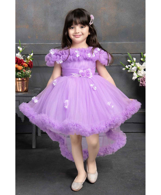 Purple Ruffled Net Tailback Frock With Floral And Butterfly Embellishment For Girls