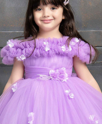 Purple Ruffled Net Tailback Frock With Floral And Butterfly Embellishment For Girls