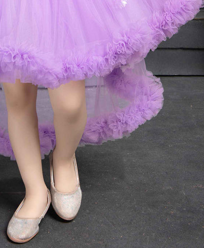Purple Ruffled Net Tailback Frock With Floral And Butterfly Embellishment For Girls