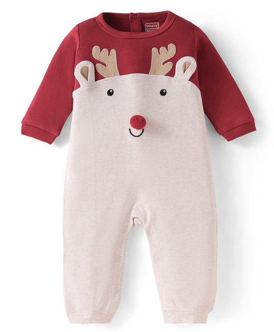 100% Cotton Interlock Knit Full Sleeves Romper with Raindeer Print & Applique - Dark Red & Beige