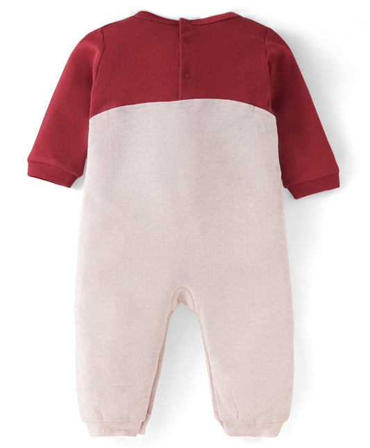 100% Cotton Interlock Knit Full Sleeves Romper with Raindeer Print & Applique - Dark Red & Beige