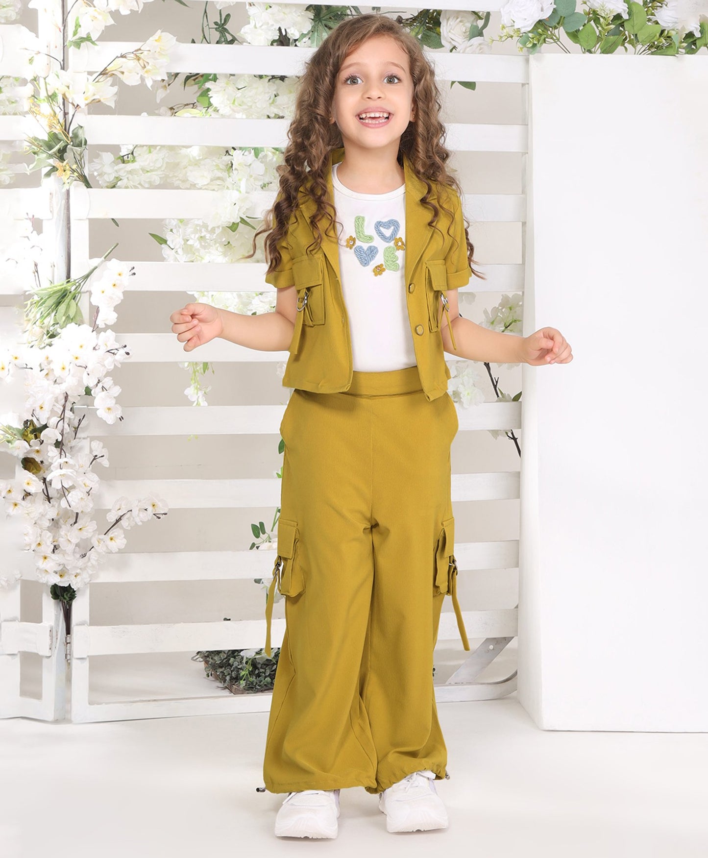 Cotton Silk Love Text Embroidered Top & Pant With Half Sleeves Jacket Set