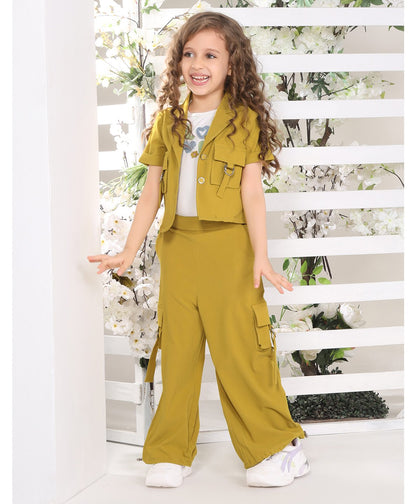 Cotton Silk Love Text Embroidered Top & Pant With Half Sleeves Jacket Set
