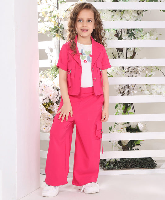 Cotton Silk Love Text Embroidered Top & Pant With Half Sleeves Jacket Set