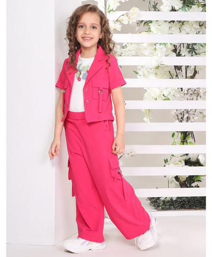 Cotton Silk Love Text Embroidered Top & Pant With Half Sleeves Jacket Set