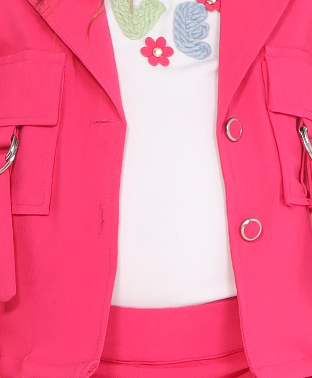 Cotton Silk Love Text Embroidered Top & Pant With Half Sleeves Jacket Set
