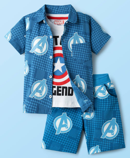 Single Jersey Knit Half Sleeves Shirt & Shorts Co-Ord Set With Avengers Graphics & T-Shirt - Blue
