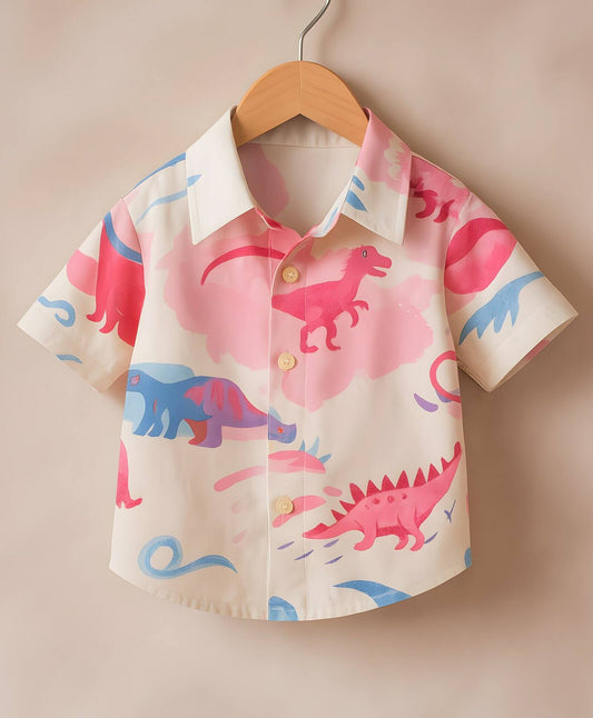 Cotton Woven Half Sleeves Dinosaurs Printed Shirt - Pink