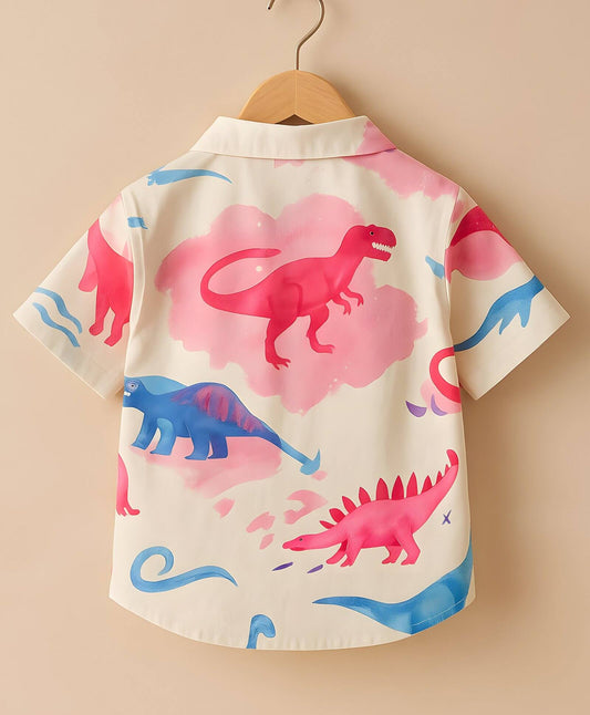 Cotton Woven Half Sleeves Dinosaurs Printed Shirt - Pink