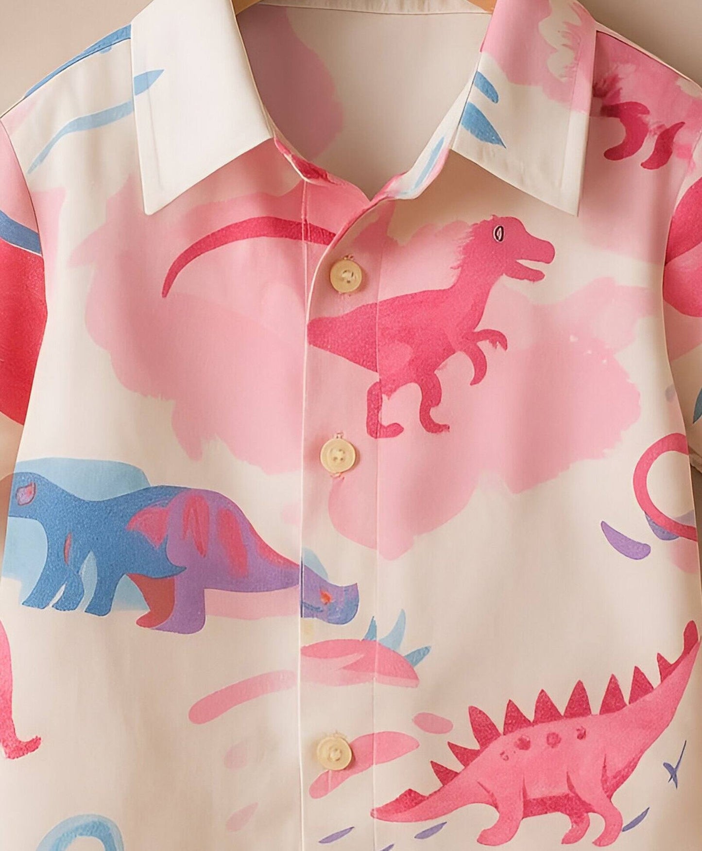 Cotton Woven Half Sleeves Dinosaurs Printed Shirt - Pink