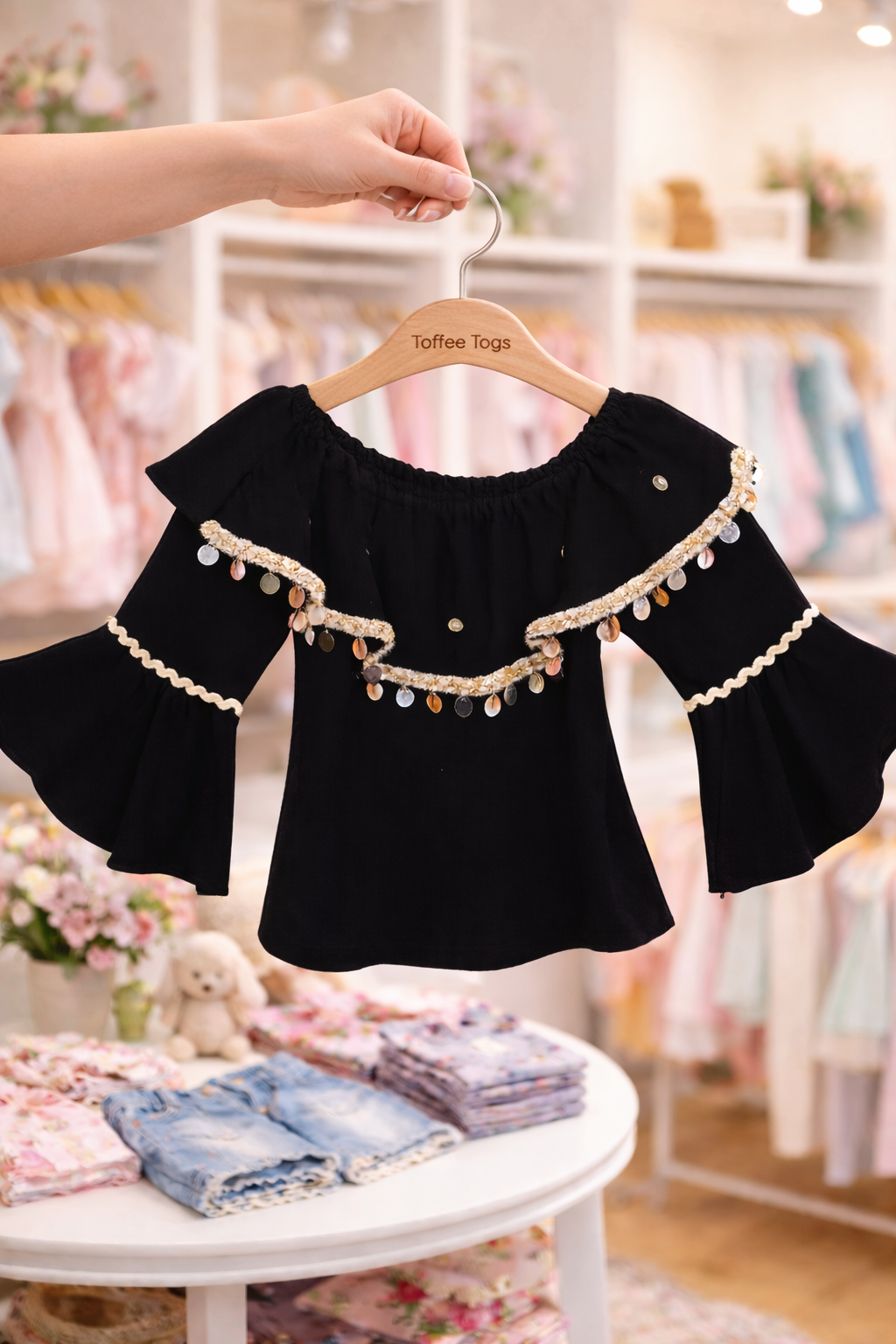 Girls’ Black Bell Sleeve Top