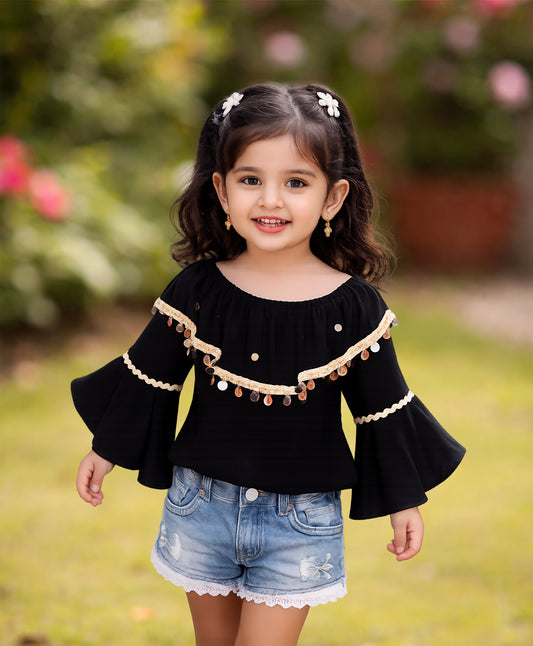 Girls’ Black Bell Sleeve Top
